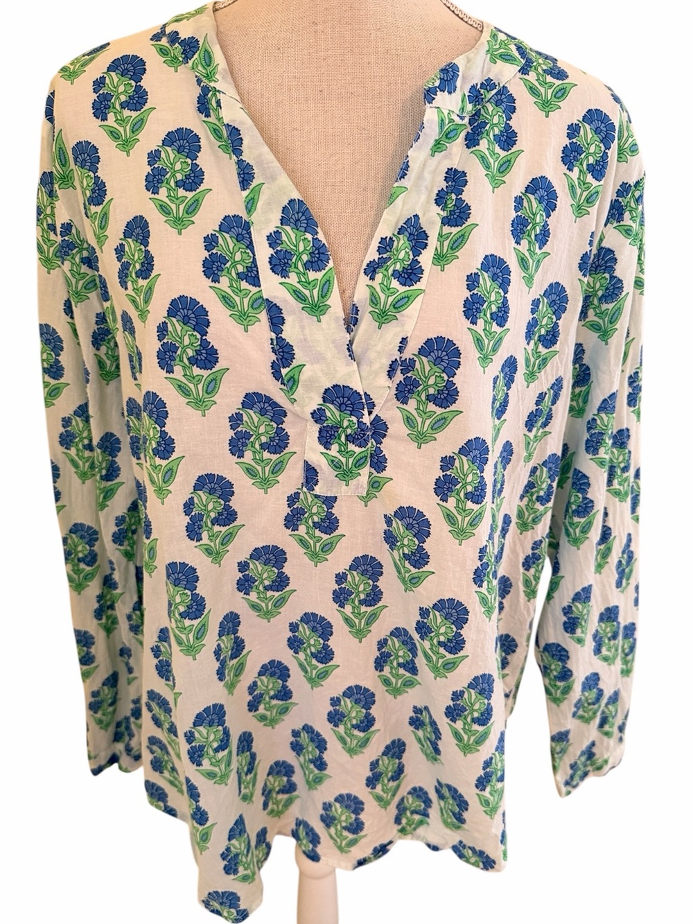 Mary Marshmallow Blue Cornflower Block Print Cotton V-neck Blouse XXL
